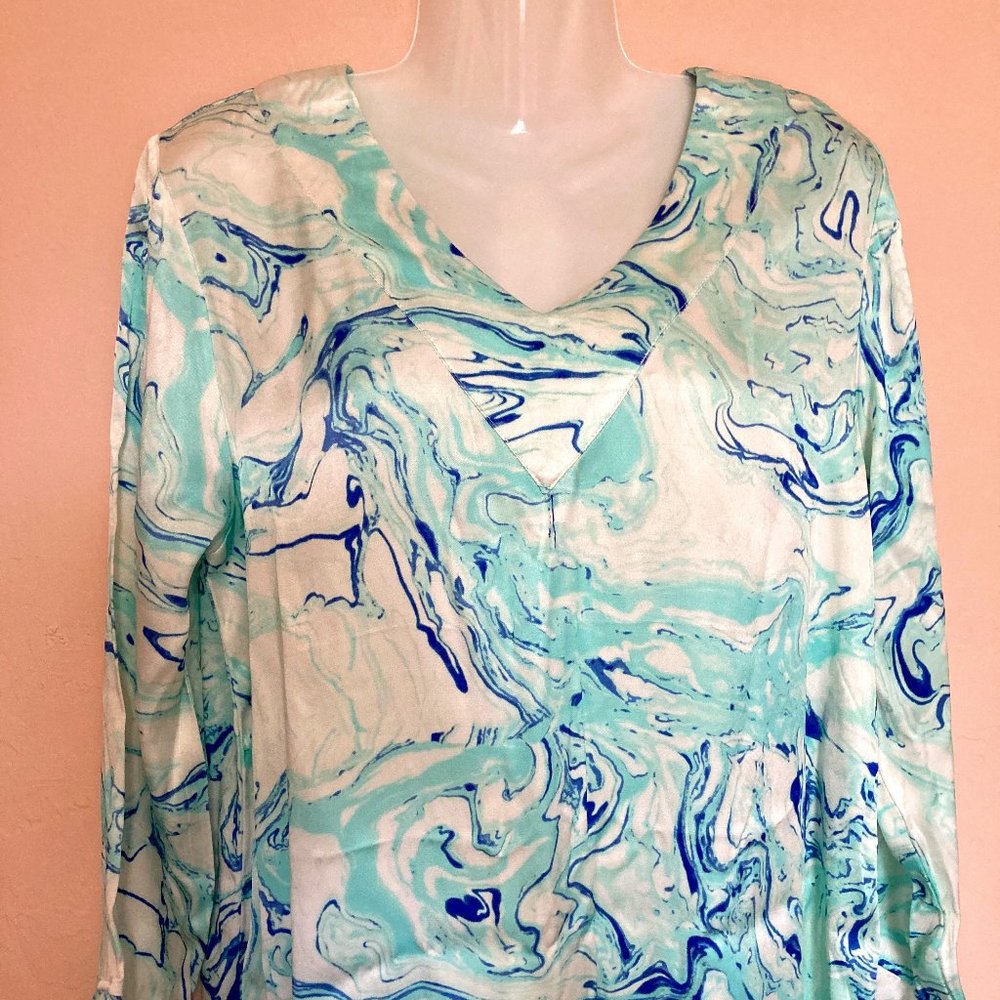 NWT Caryn Vallone Knee Length Dress Long Sleeve Blue Marble Swing Satin XS - Picture 3 of 9